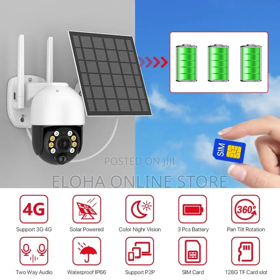 4G LTE Cellular Security Camera Includes SD&2 SIM Cards, 2K Solar Outdoor Cam Wireless Without WiFi Needed, 360° Live View, Color Night Vision, PIR Motion Detection&Siren Alert, 2 Way Talk, IP66