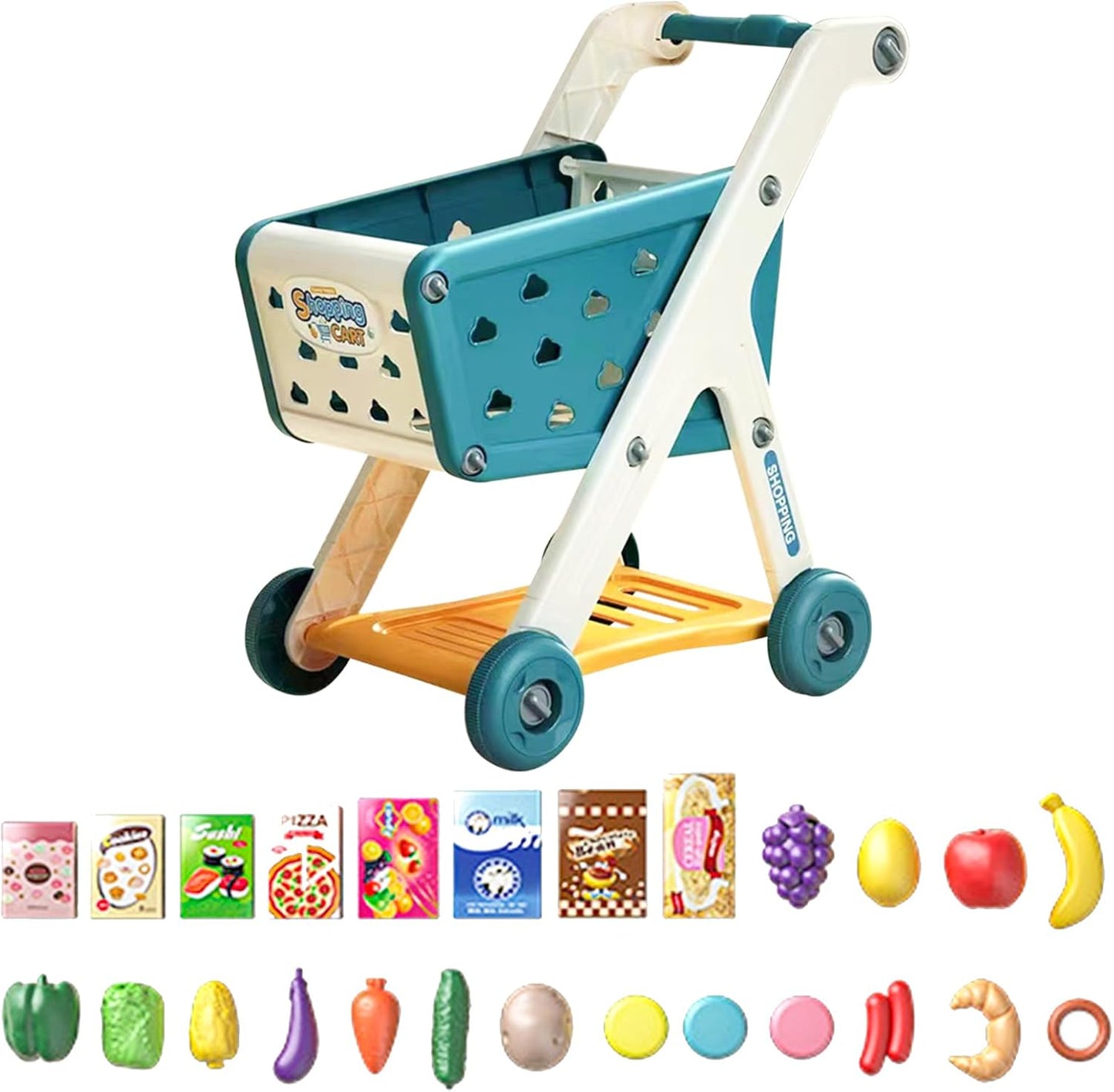 Kids Shopping Cart Trolley Play Set with Pretend Food and Accessories,Toy Shopping Cart Trolley for Kids Baby with Play Foods, Grocery Shopping Cart Playing Pretend Games 