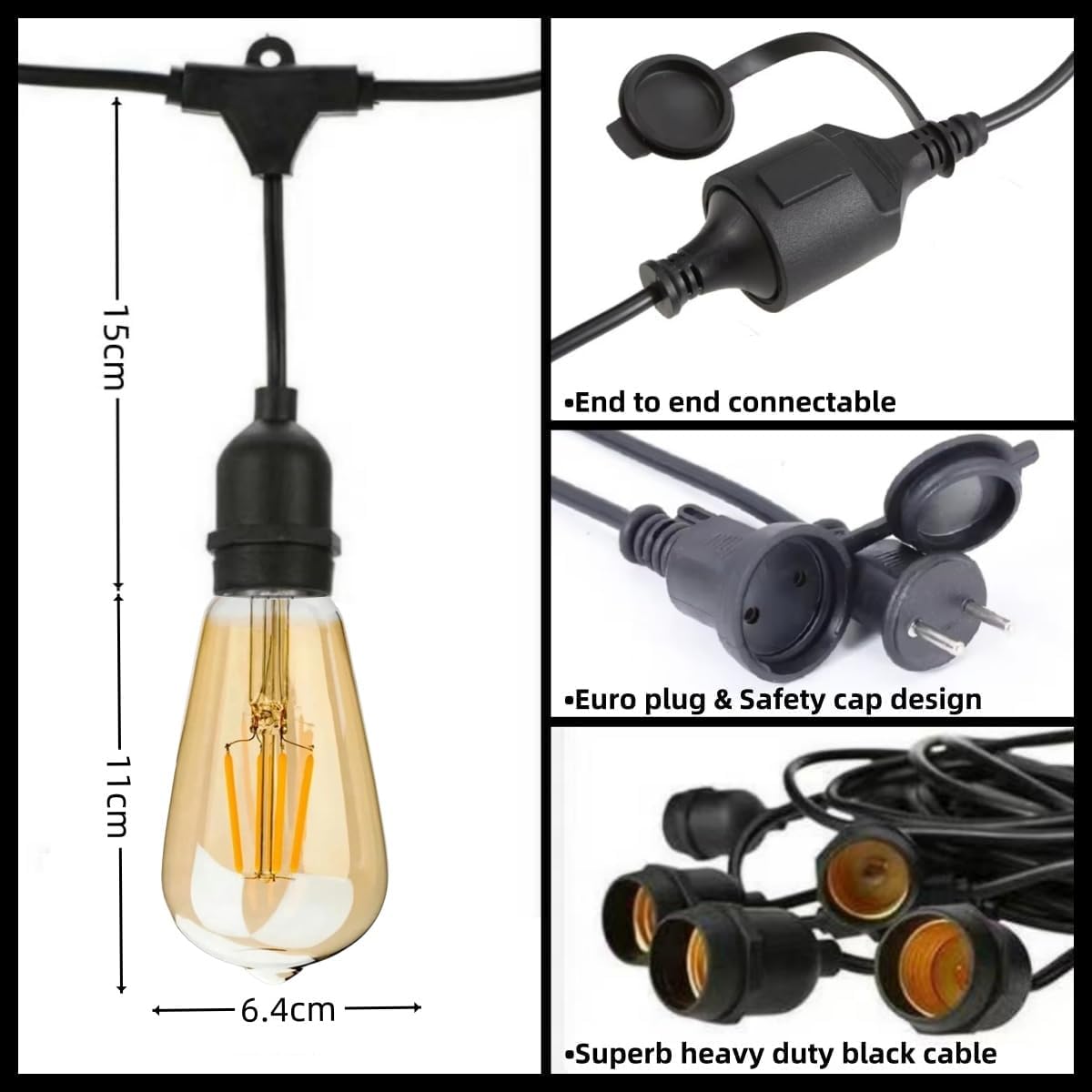 Outdoor String Lights, Commercial Grade Festoon Lights 10 Meter 20 LED Bulbs, Outdoor Waterproof Decorative Hanging Light String for Patio Garden Porch Yard 