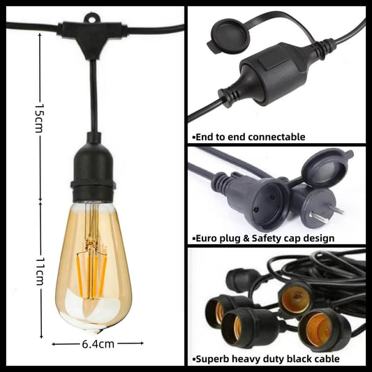 Outdoor String Lights, Commercial Grade Festoon Lights 10 Meter 20 LED Bulbs, Outdoor Waterproof Decorative Hanging Light String for Patio Garden Porch Yard 