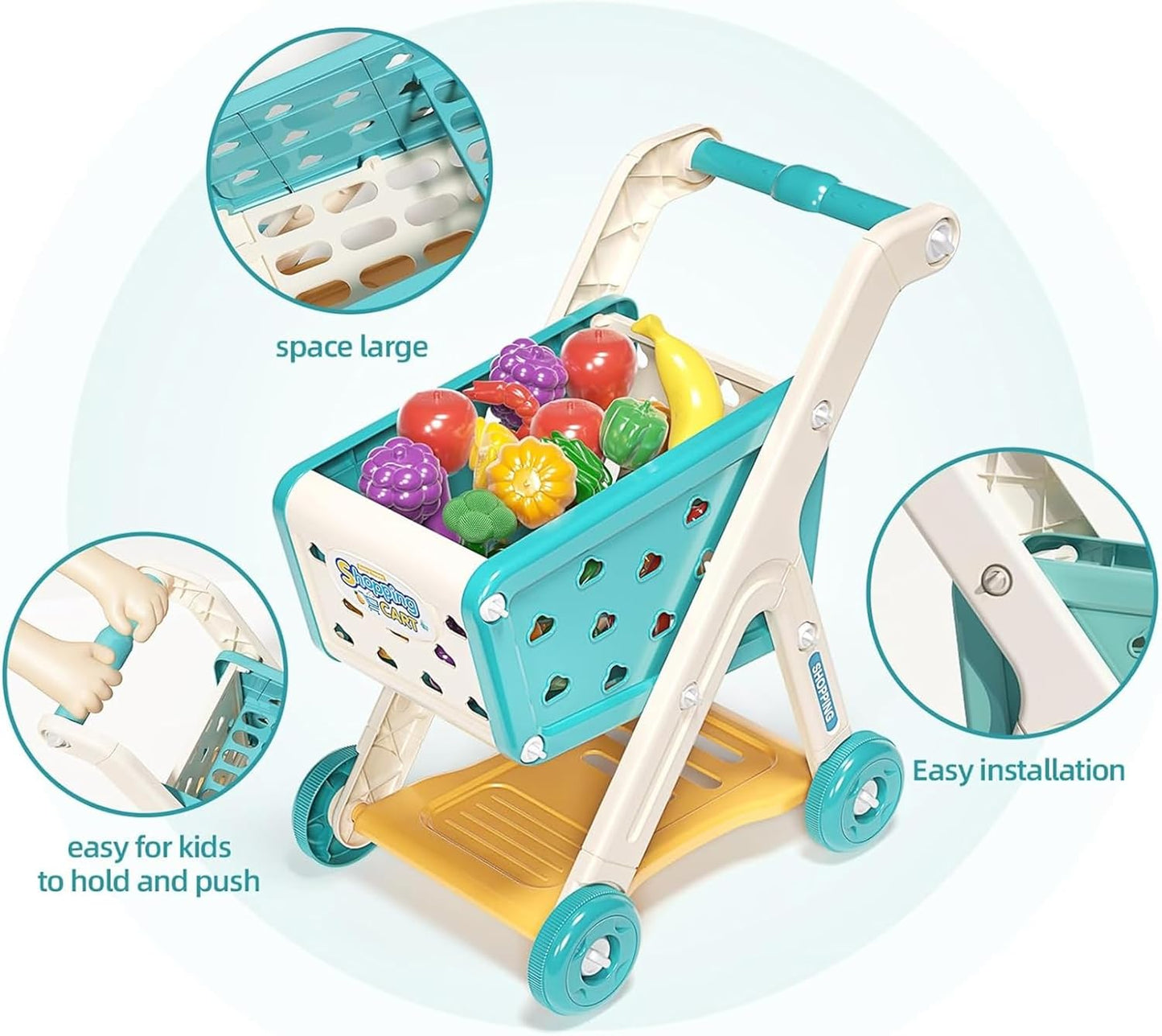 Kids Shopping Cart Trolley Play Set with Pretend Food and Accessories,Toy Shopping Cart Trolley for Kids Baby with Play Foods, Grocery Shopping Cart Playing Pretend Games 