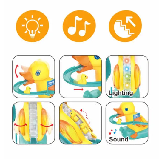 Mini duck climbing stairs toy roller electric track diy roller coaster toy color box plastic toys for kids unisex 