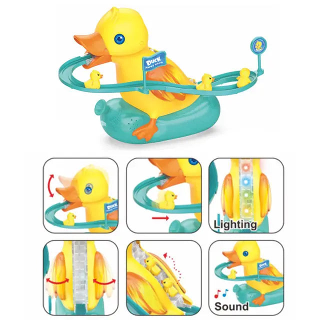 Mini duck climbing stairs toy roller electric track diy roller coaster toy color box plastic toys for kids unisex 