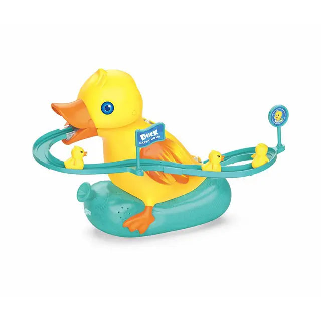 Mini duck climbing stairs toy roller electric track diy roller coaster toy color box plastic toys for kids unisex 